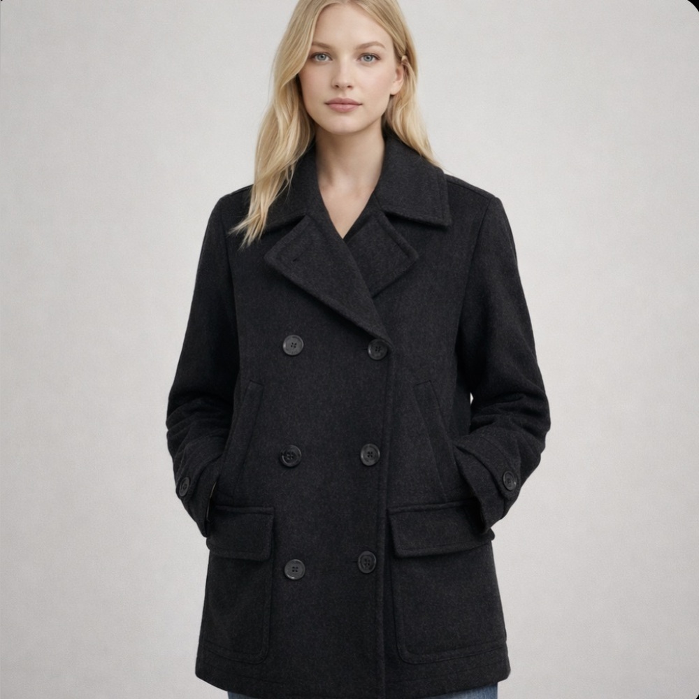 Lands End Women’s Peacoat 100% Wool Warm Winter Coat Career Dk Gray Size 6-8